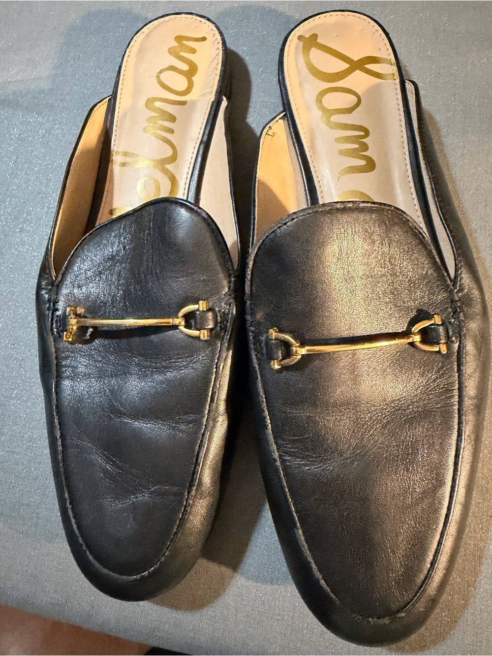 Sam Edelman Black Leather Slip-On Loafers with Gold Bit